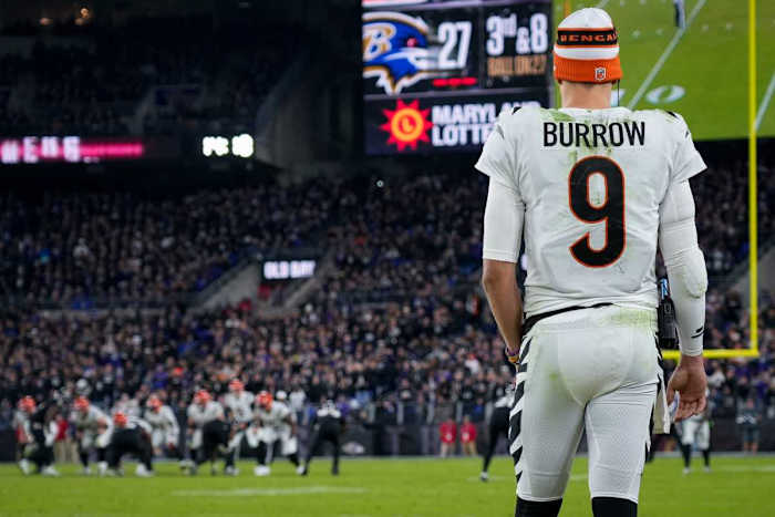 Injured Cincinnati Bengals quarterback Joe Burrow (9) paces the sideline in the fourth quarter of the NFL Week 11 game between the Baltimore Ravens and the Cincinnati Bengals at M&T Bank Stadium in Baltimore on Thursday, Nov. 16, 2023. The Bengals fell to the Ravens, 34-20.